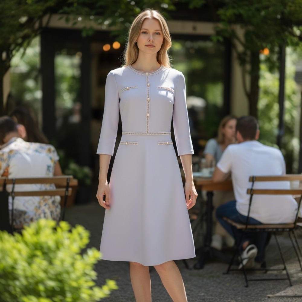 Hobemty Lavender Grey Pearl Accent 3/4 Sleeve Sheath‎ Dress Size M NWT